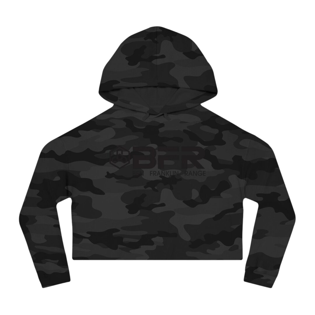 Black camo cropped hoodie with hood.