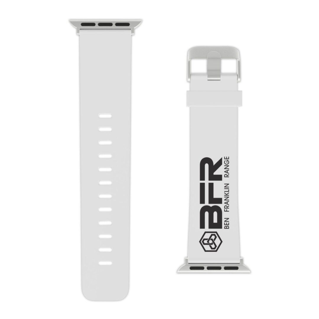 White smartwatch strap with logo design.