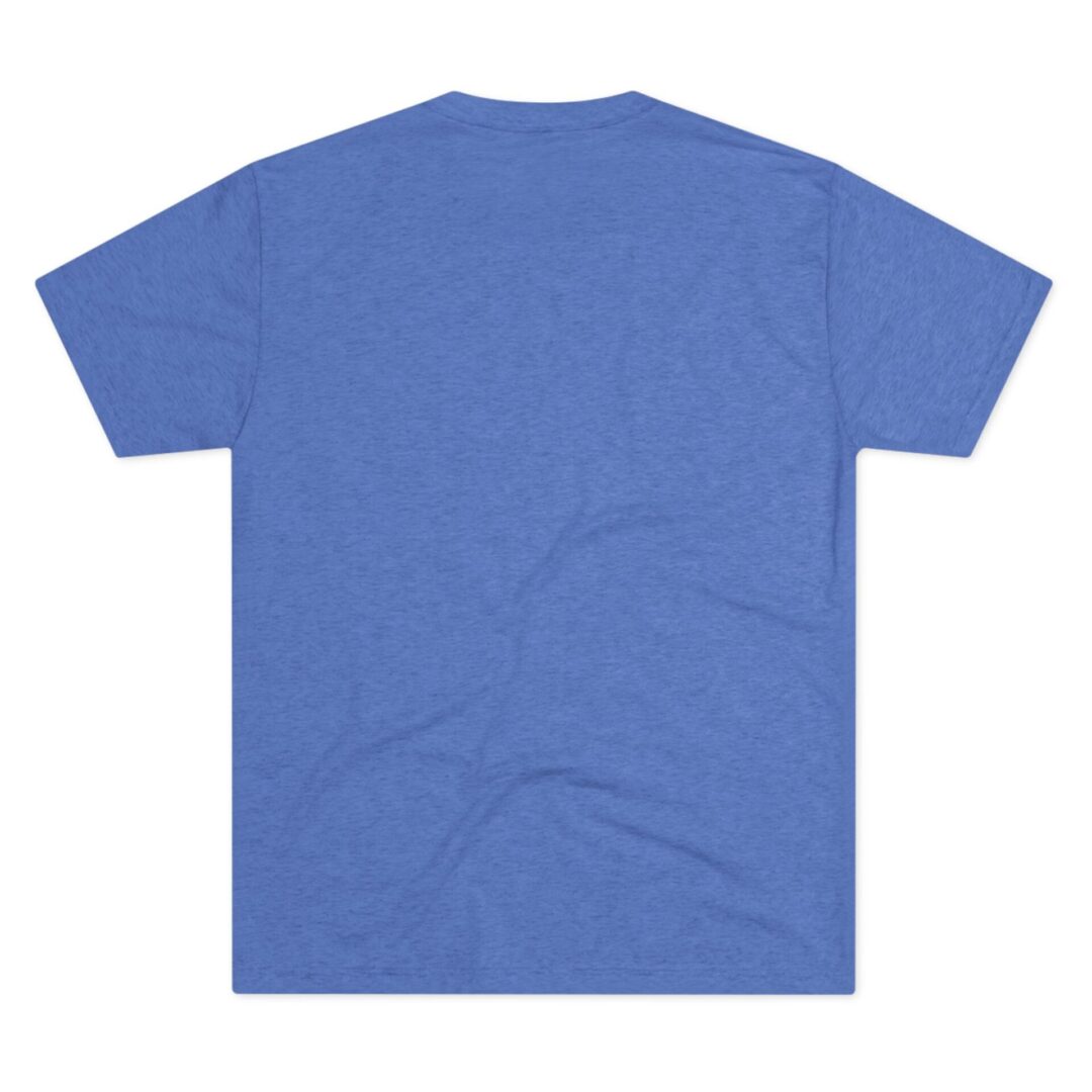 Blue t-shirt back view, plain design.