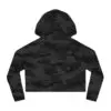 Black camo-print cropped hoodie, back view.