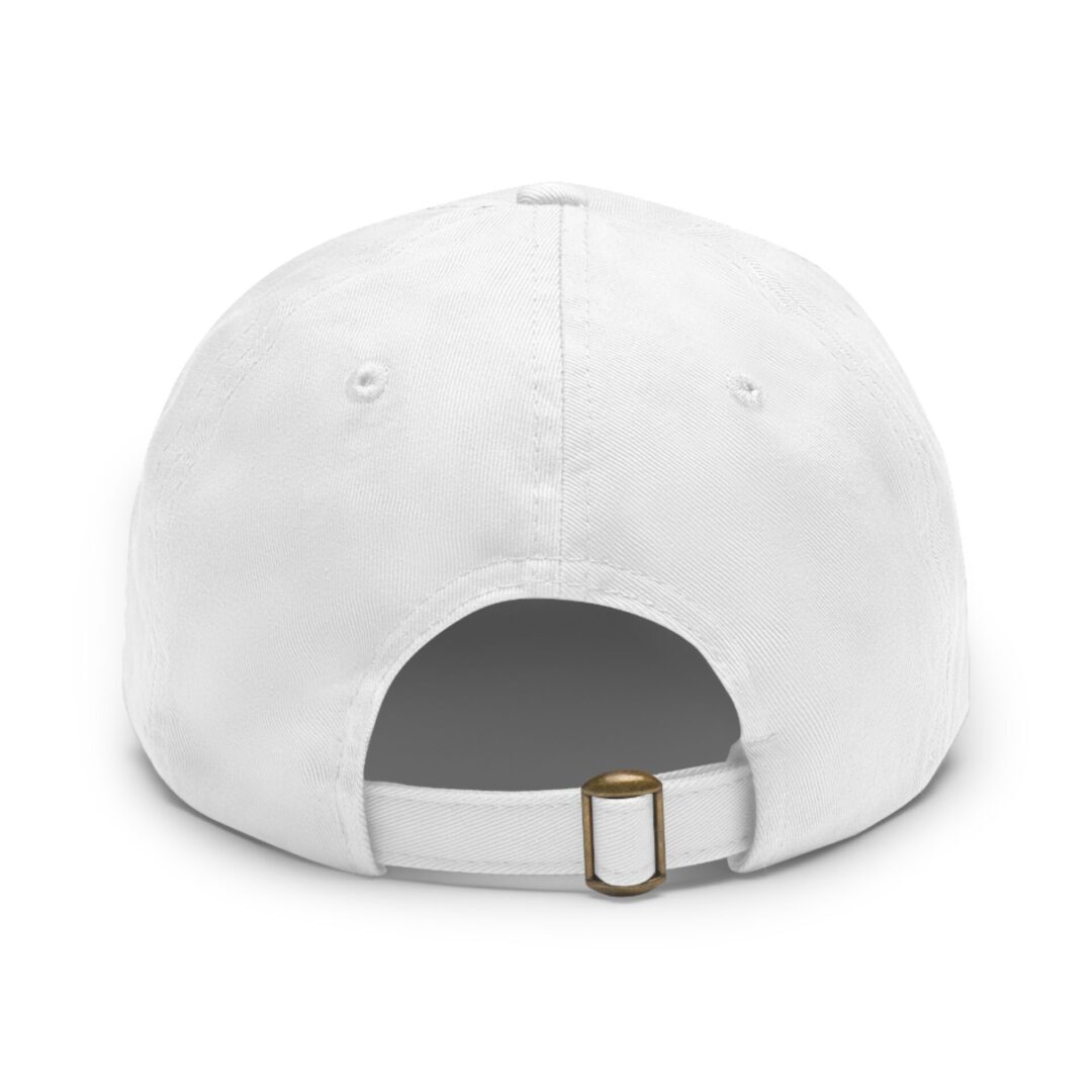 White baseball cap, back view, adjustable strap.
