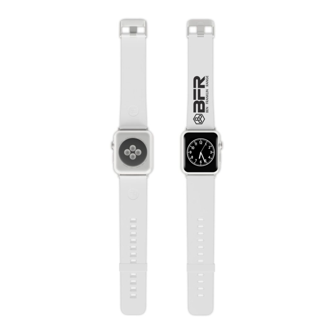 Two white smartwatches with black screens.