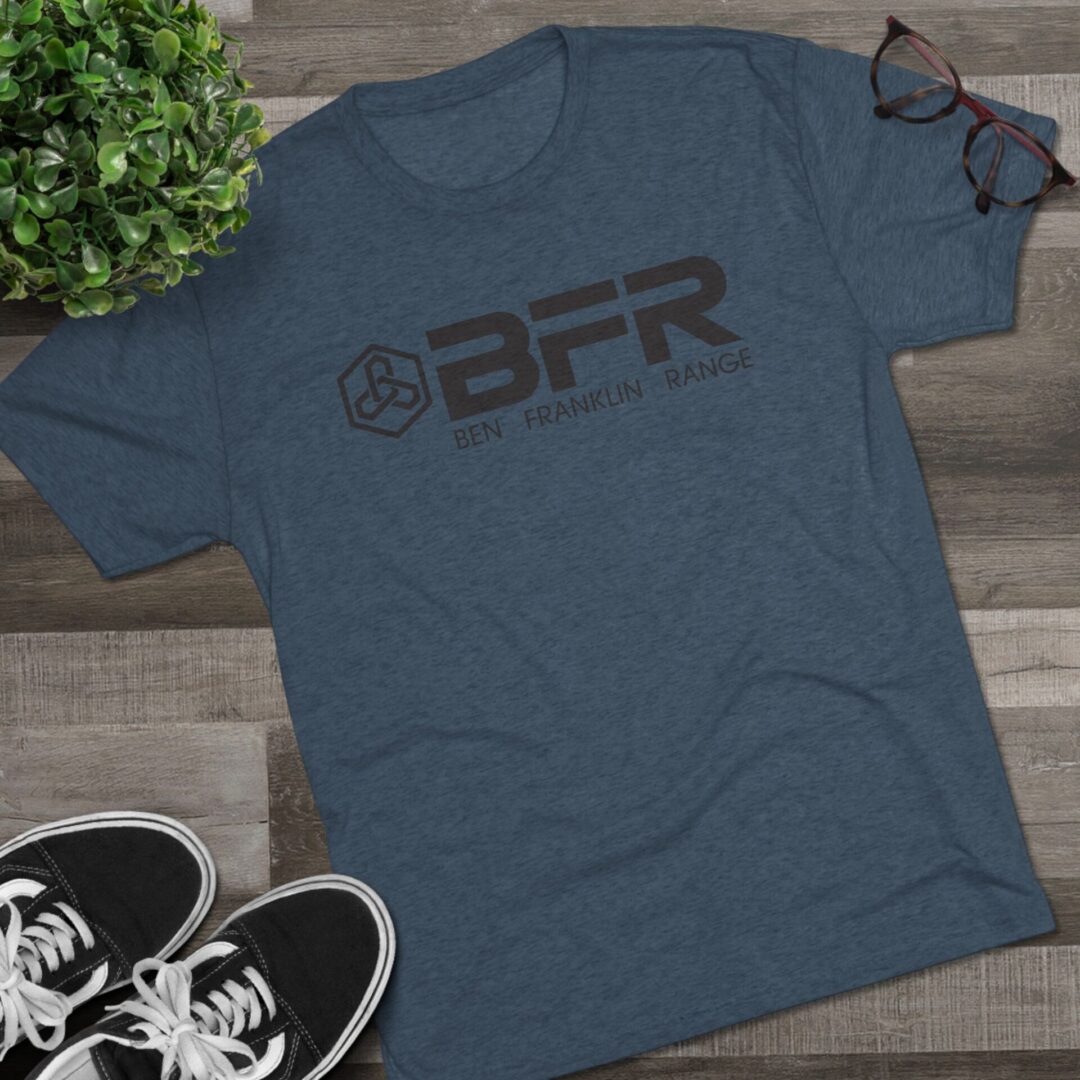Blue t-shirt with "BFR" logo on floor.