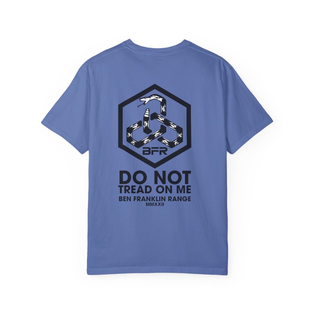 Blue T-shirt with hexagon logo design. Blue T-shirt with hexagon logo design.