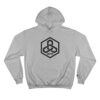 Gray hoodie with geometric logo design.