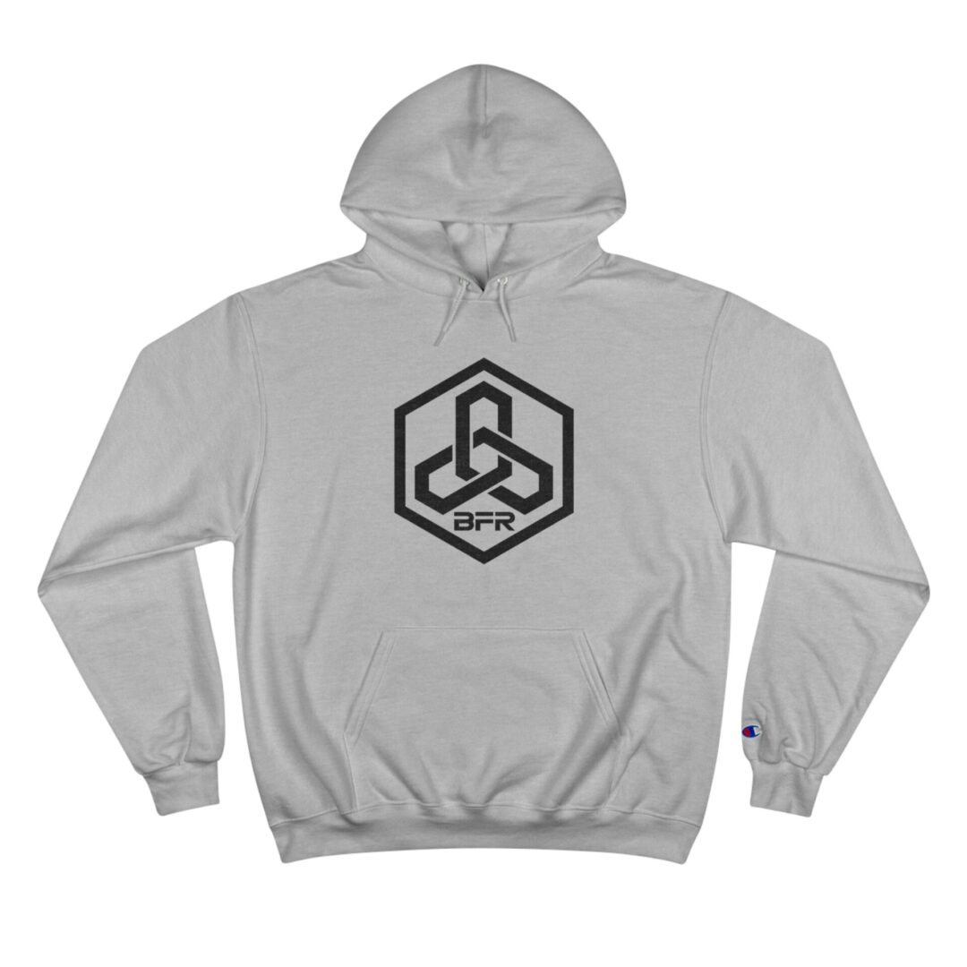 Gray hoodie with geometric logo design.