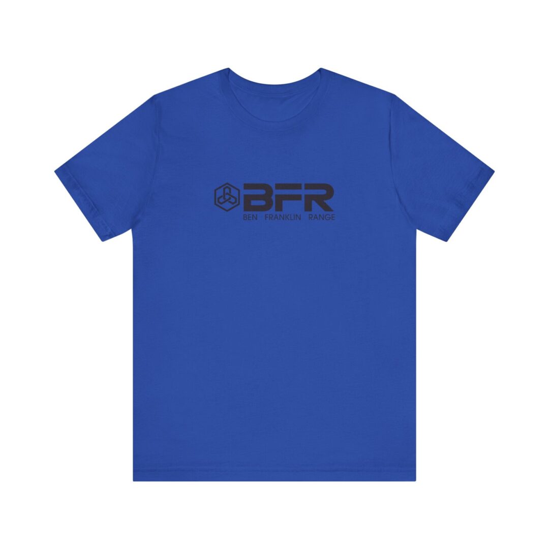 Blue T-shirt with BFR logo design.