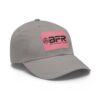 Gray cap with pink logo patch.
