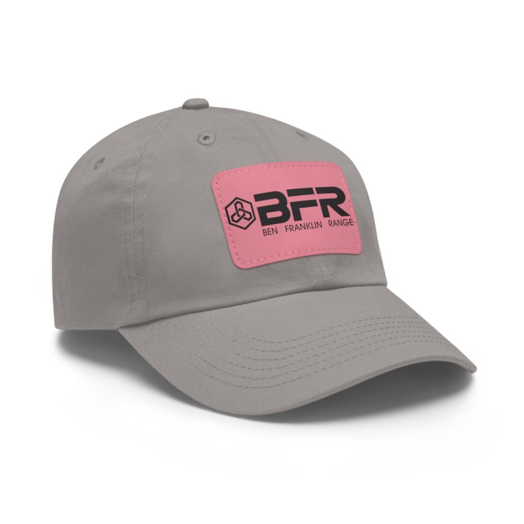 Gray cap with pink logo patch.