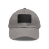 Gray baseball cap with black patch.