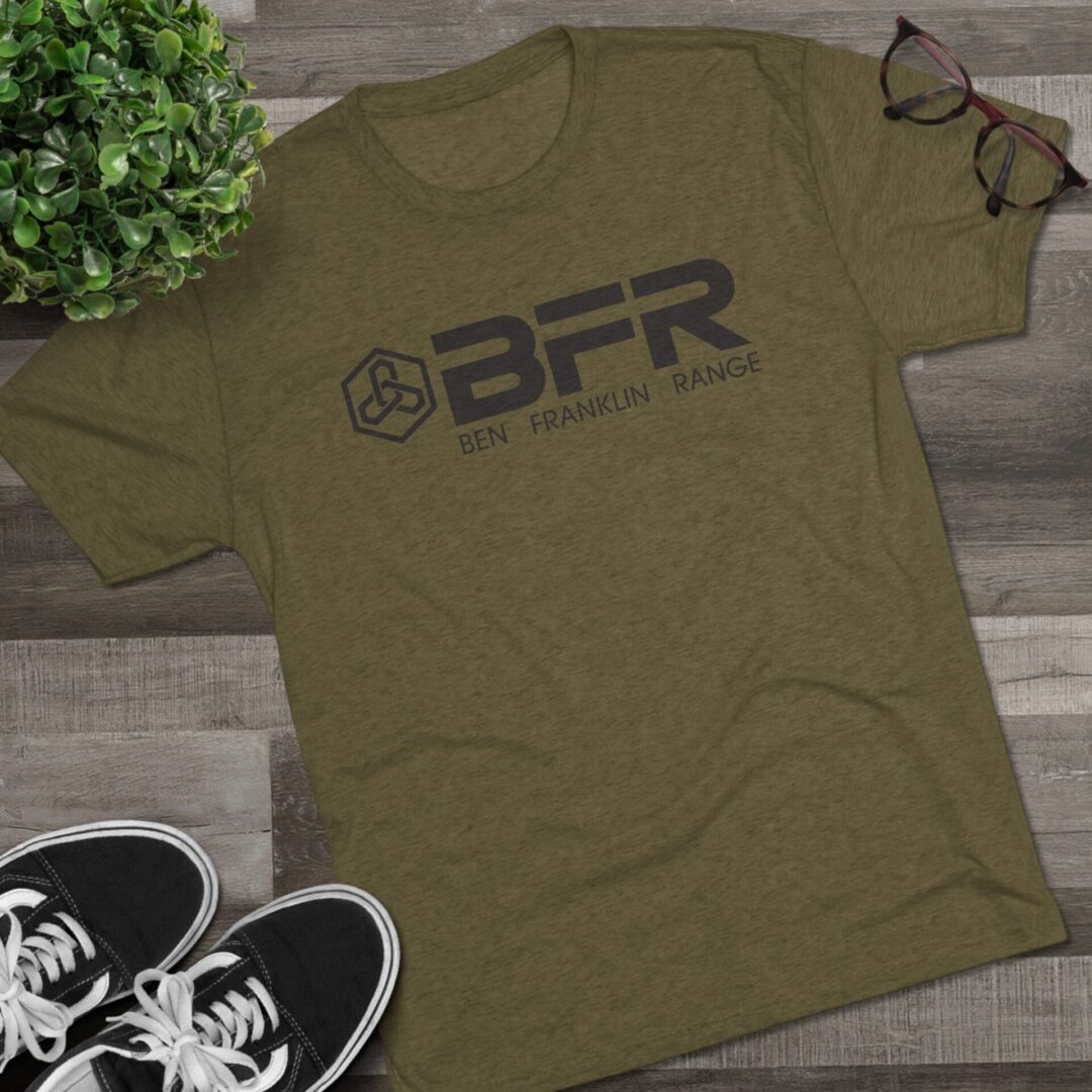 Olive t-shirt with "BFR" logo displayed.