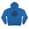 Blue hoodie with black geometric logo.
