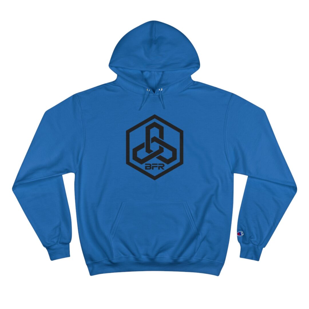 Blue hoodie with black geometric logo.