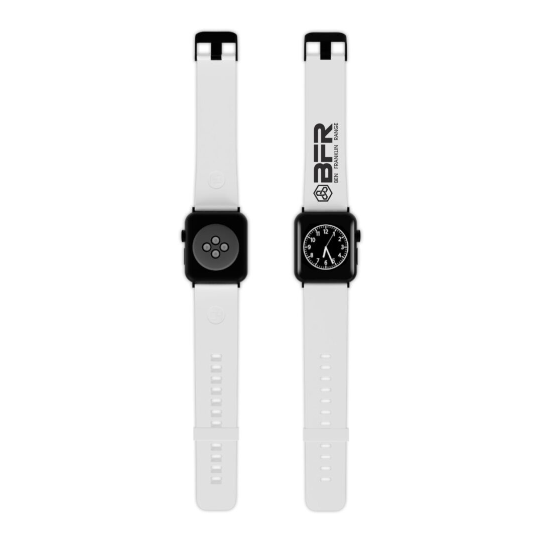 Two smartwatches with white straps.