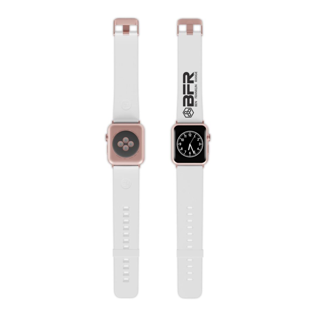 Smartwatch with white strap and rose gold.