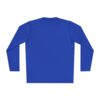Blue long-sleeve shirt, back view.