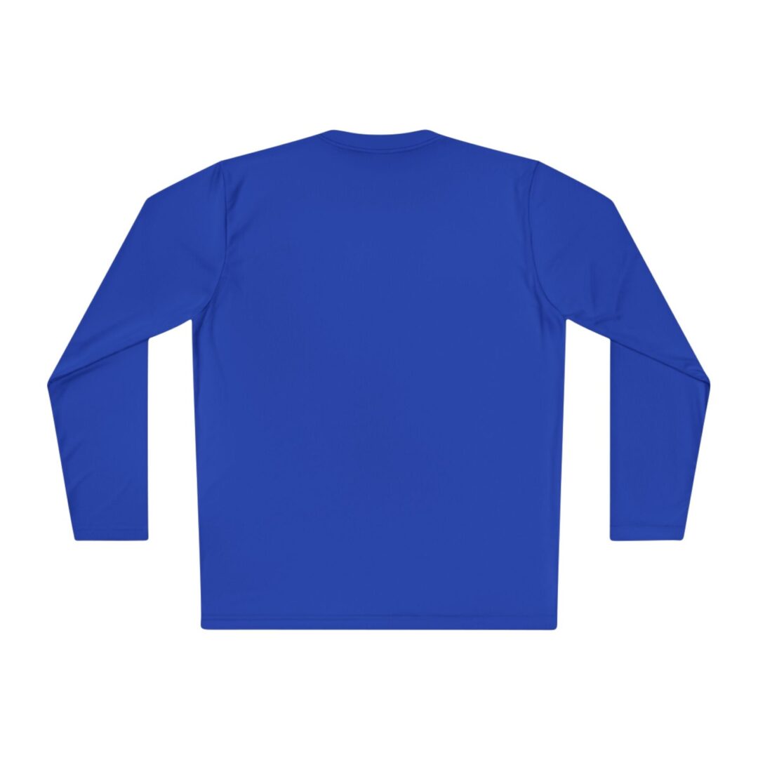 Blue long-sleeve shirt, back view.