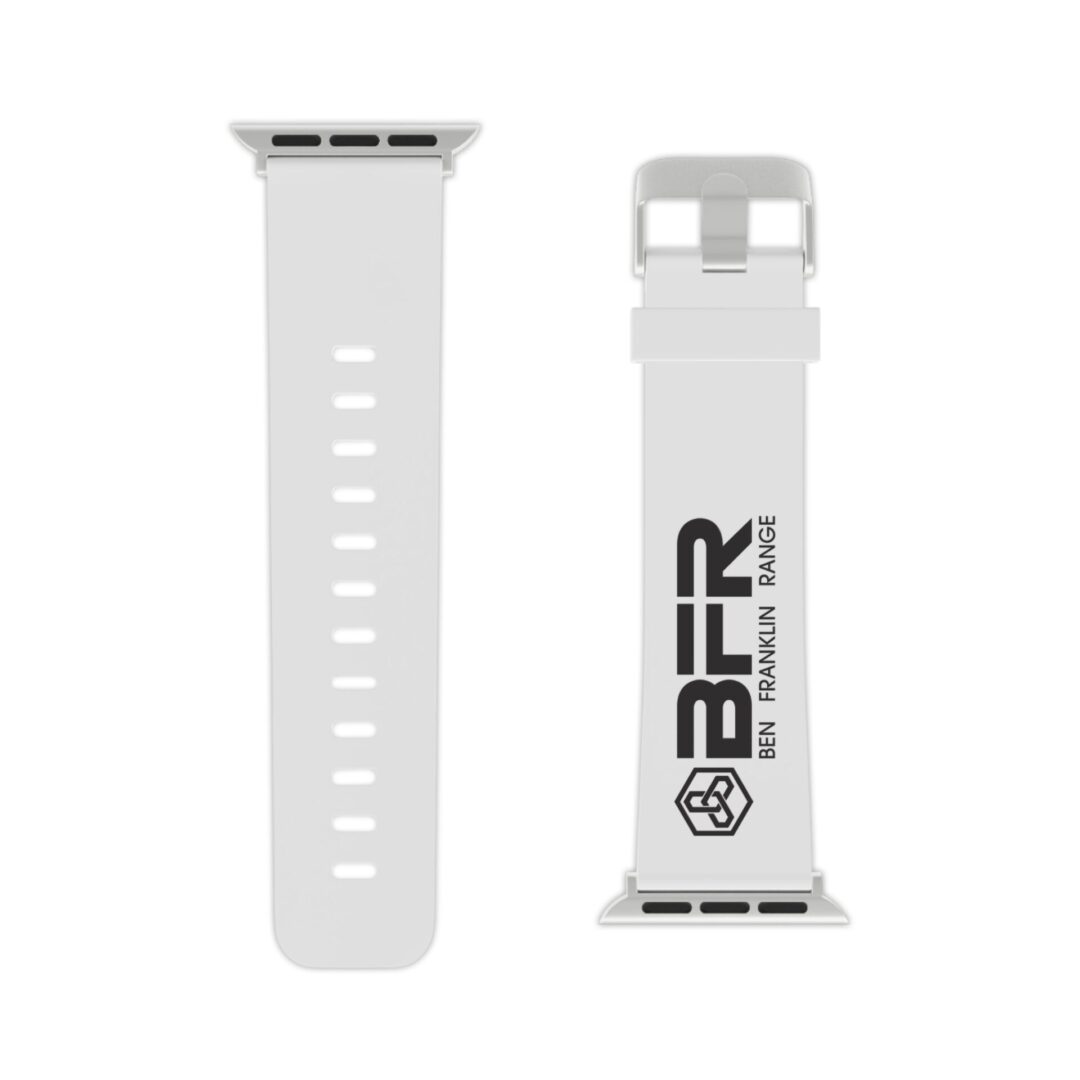 White smartwatch bands with BFR logo.