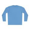 Blue long-sleeve shirt, back view.