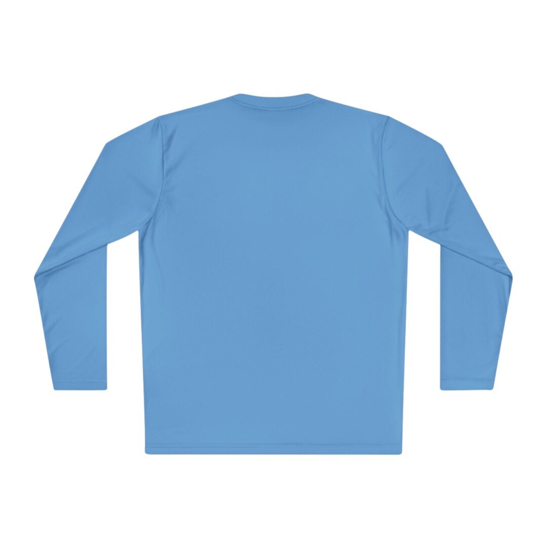 Blue long-sleeve shirt, back view.