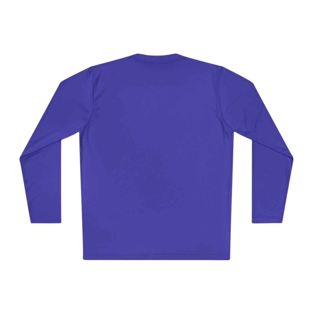 Plain blue long-sleeve shirt, back view.