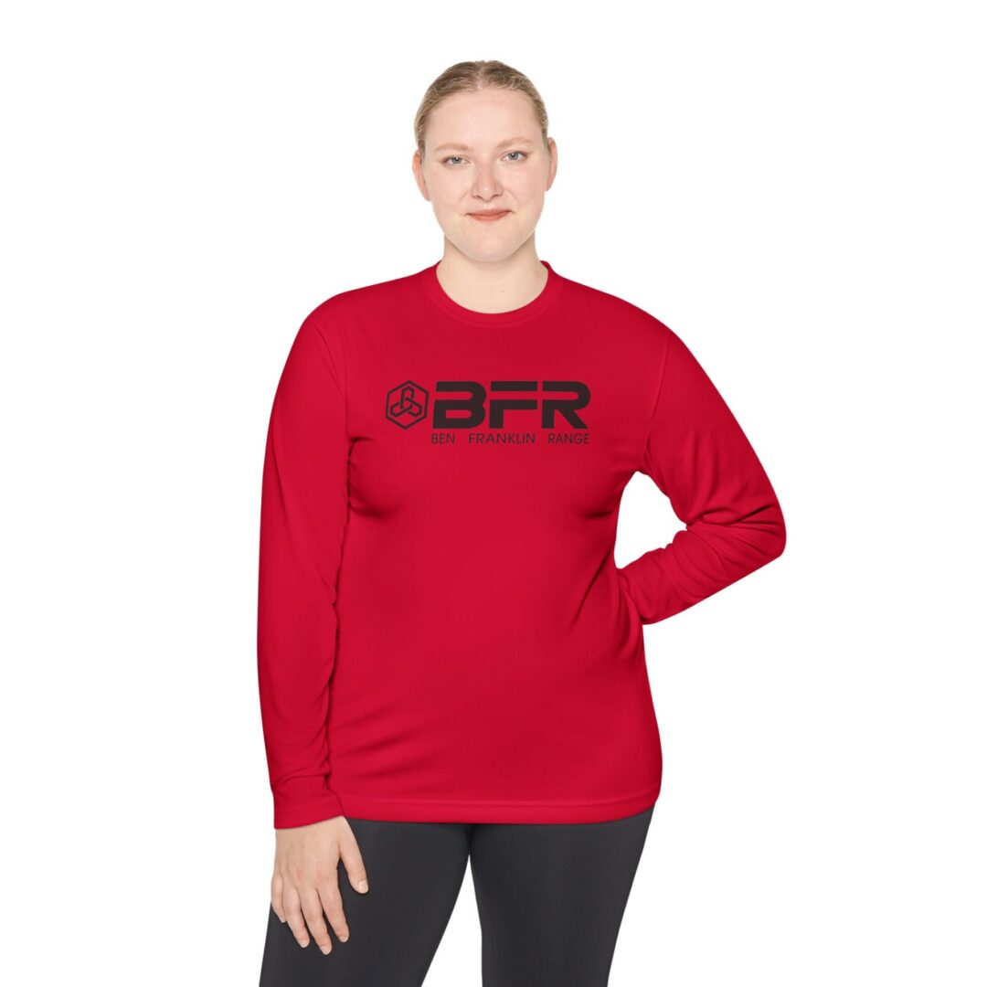 Person wearing red BFR long-sleeve shirt.