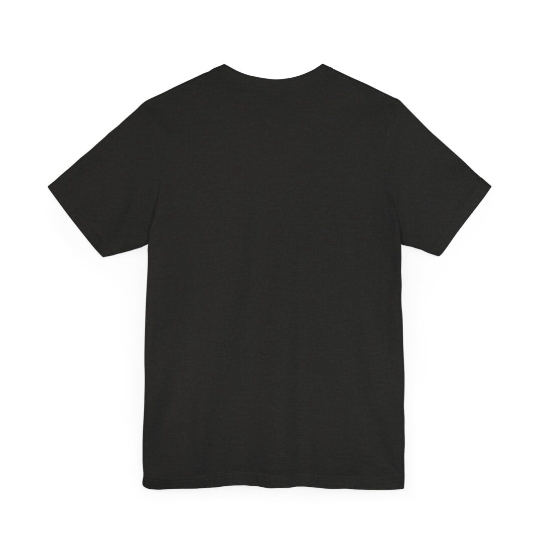 Black T-shirt back view on white background.
