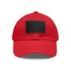 Red baseball cap with black patch.