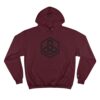 Maroon hoodie with black geometric logo.