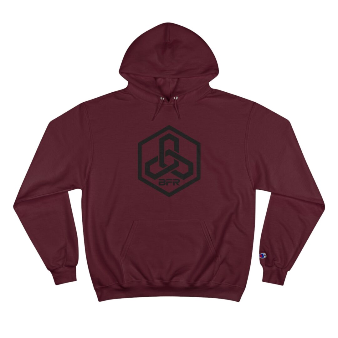Maroon hoodie with black geometric logo.