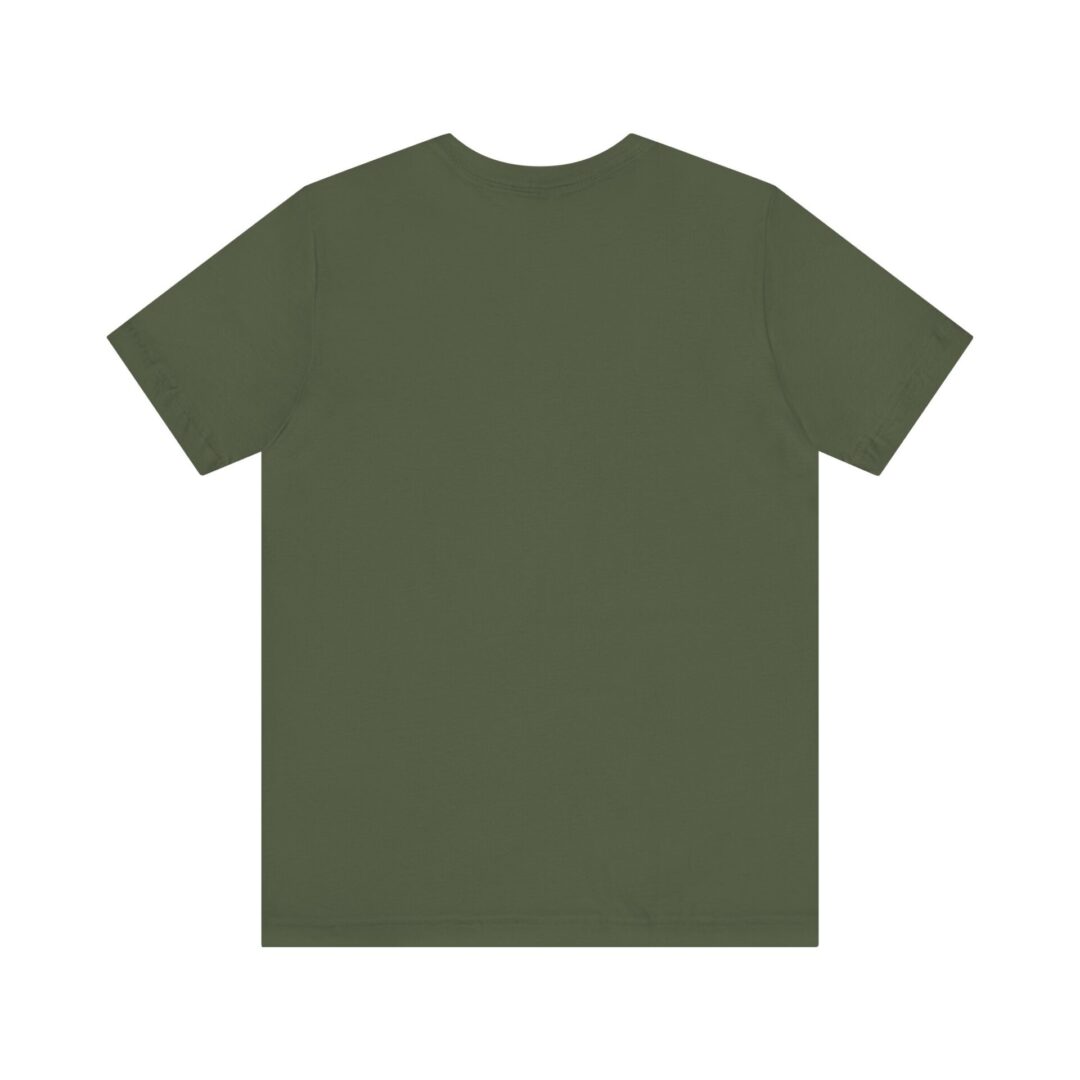Plain olive green T-shirt, back view.