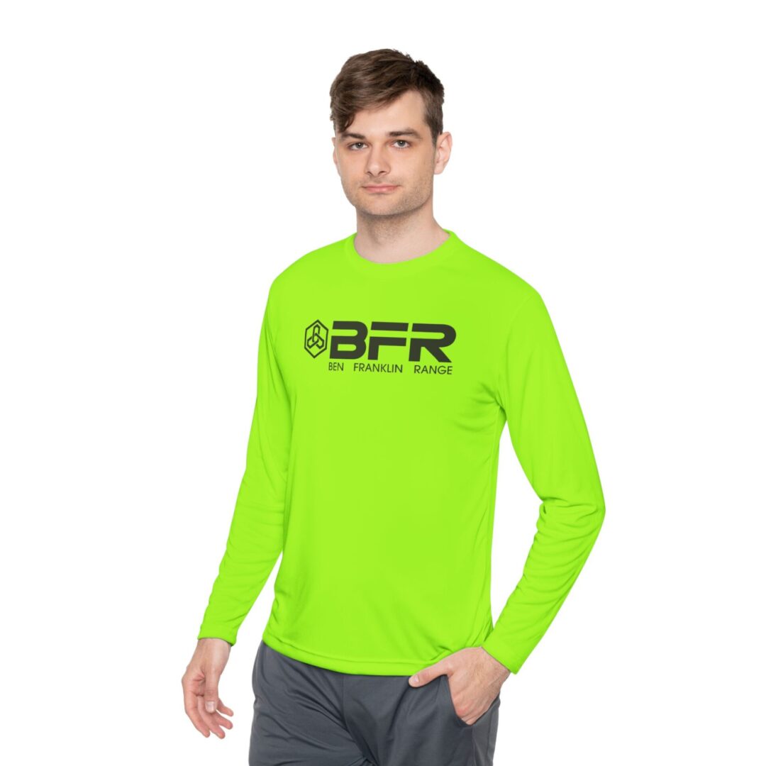 Man wearing bright green BFR long-sleeve shirt.