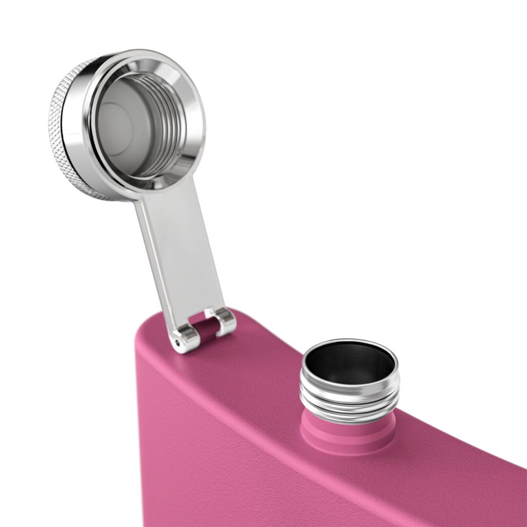 Pink flask with open metal cap.
