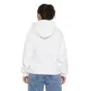 Child in white hoodie, blue jeans, back.