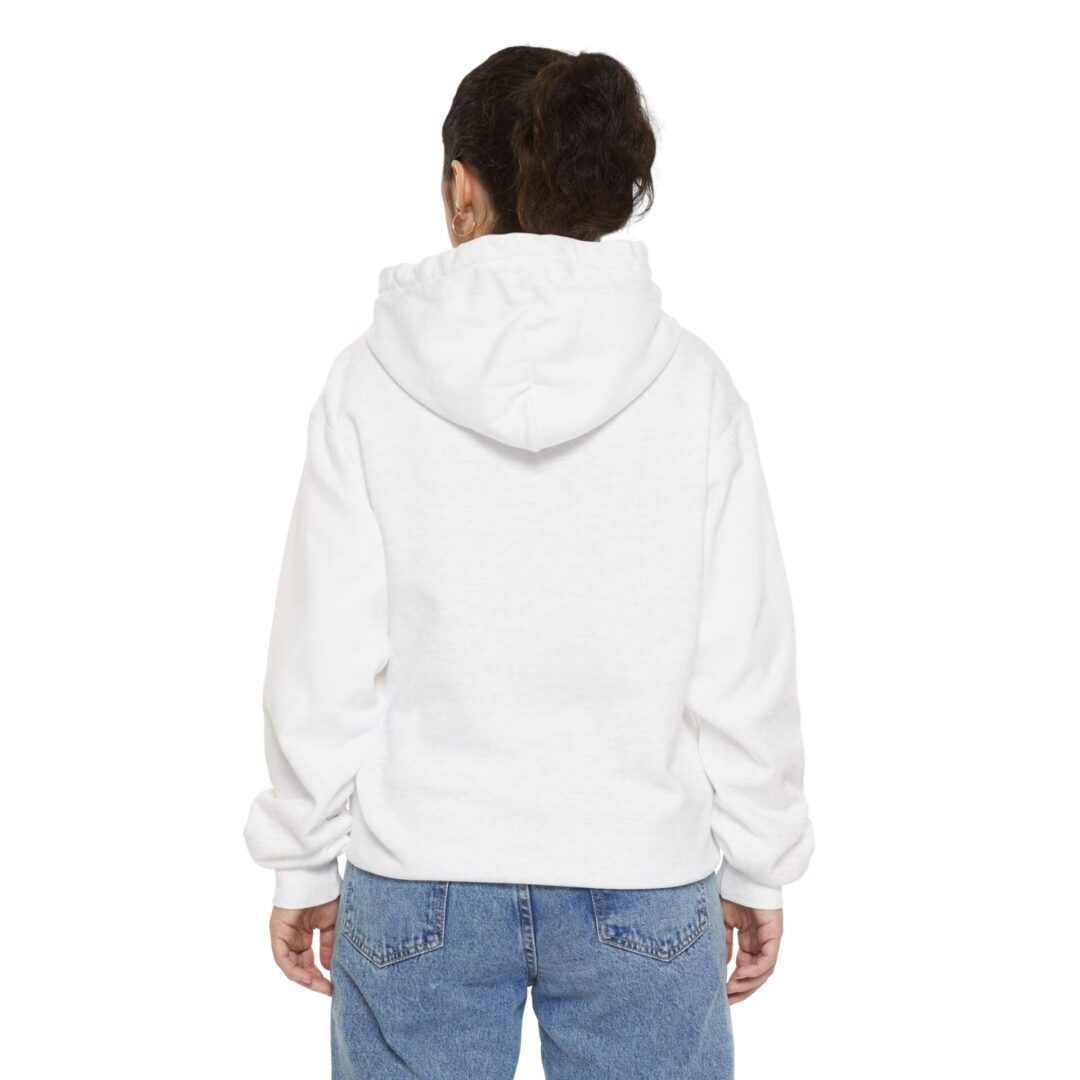 Child in white hoodie, blue jeans, back.