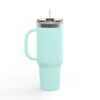 Light blue insulated tumbler with straw.