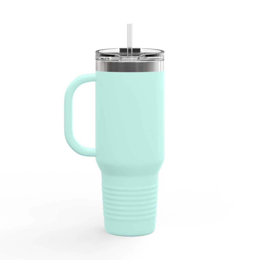 Light blue insulated tumbler with straw.
