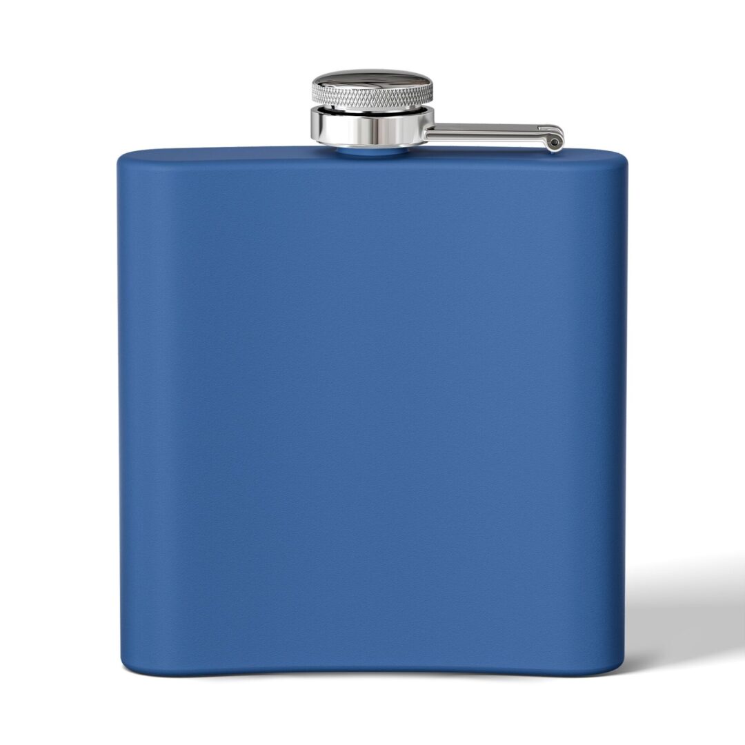 Blue hip flask with silver cap.