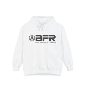 White hoodie with "BFR" logo design.