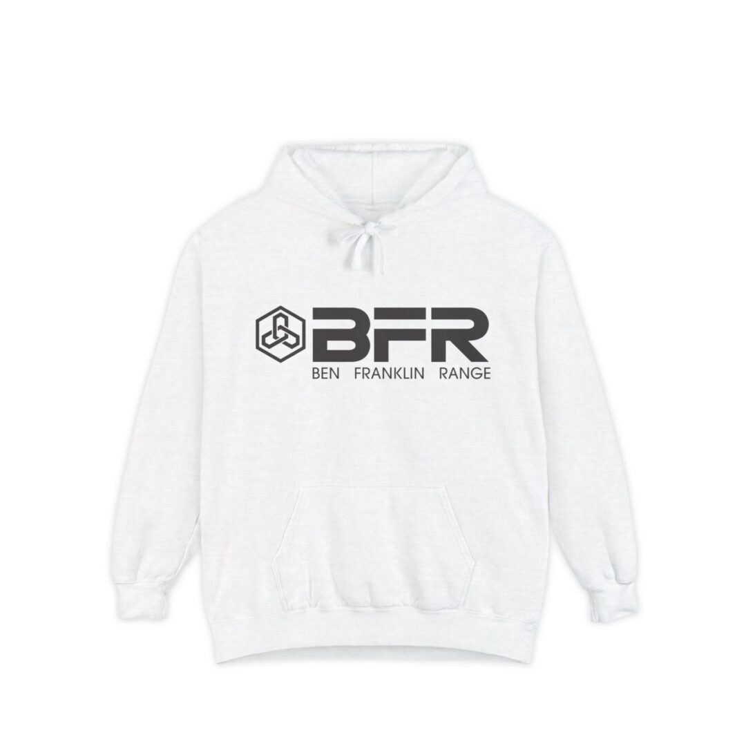 White hoodie with "BFR" logo design.