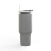 Gray insulated tumbler with straw on white background.
