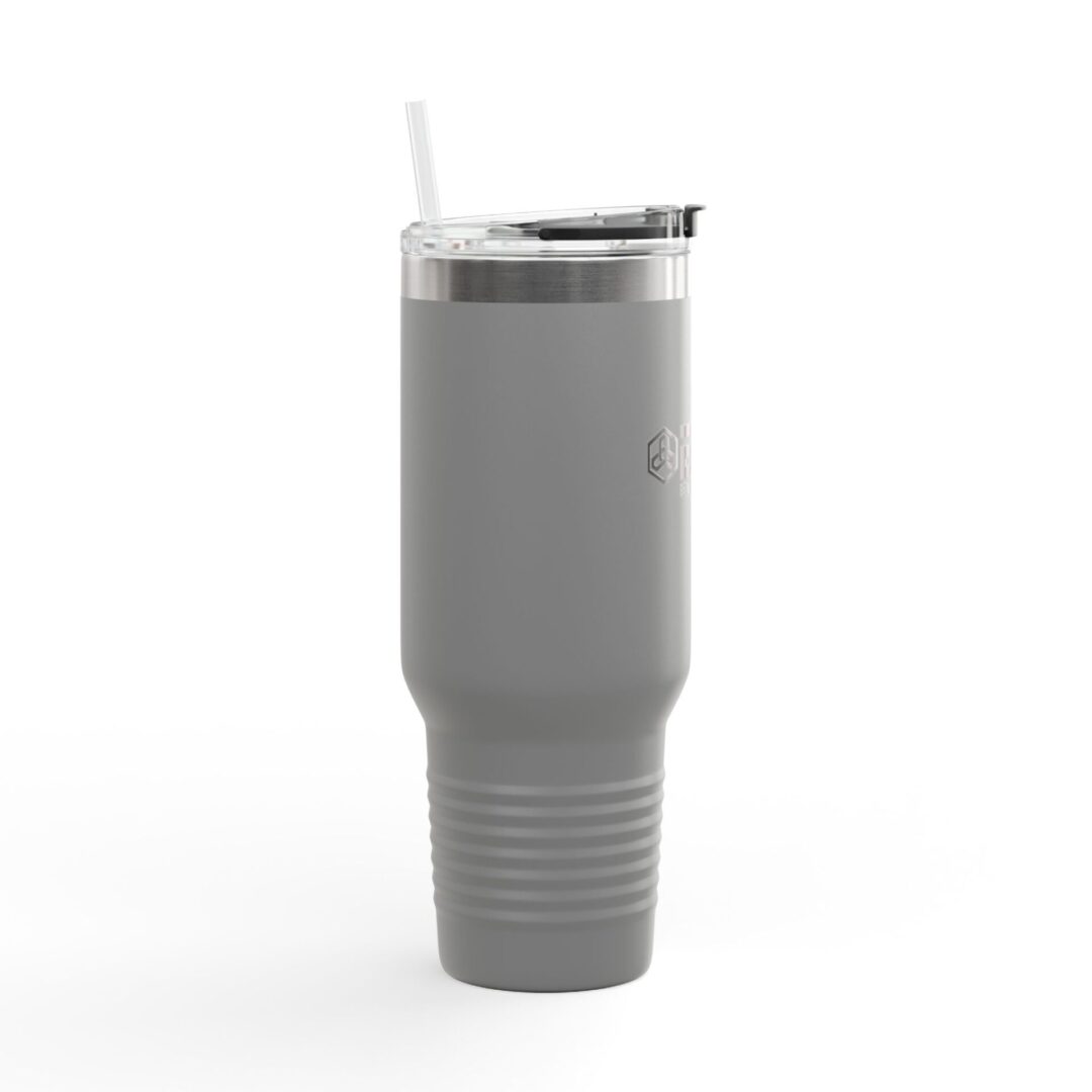 Gray insulated tumbler with straw on white background.