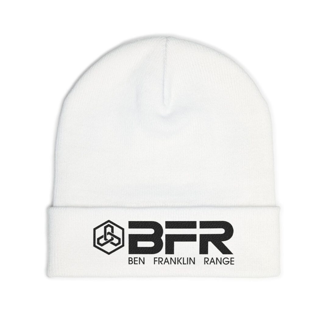 White beanie with BFR logo design.