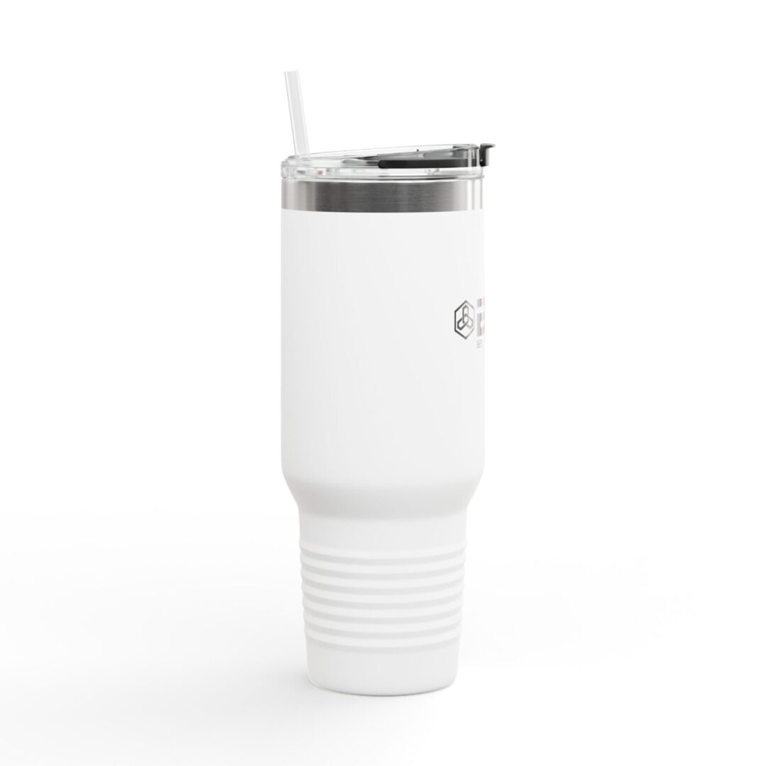 White insulated tumbler with lid and straw.