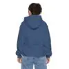 Person in blue hoodie and jeans, back view.