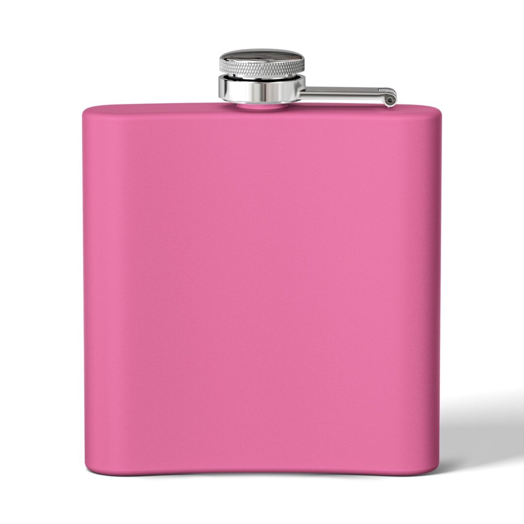 Pink flask with silver cap on white.