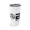 White tumbler with black geometric logo design.