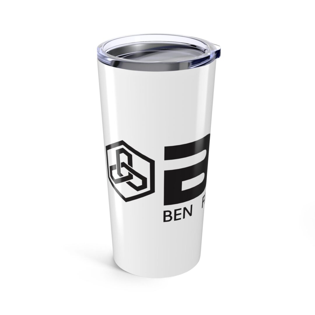 White tumbler with black geometric logo design.