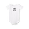 White baby onesie with black hexagon logo.
