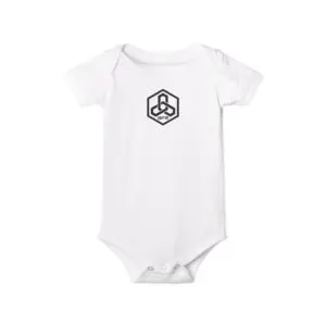 White baby onesie with black hexagon logo.